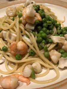 FISH MEDLEY WITH PASTA AND BABY PEAS